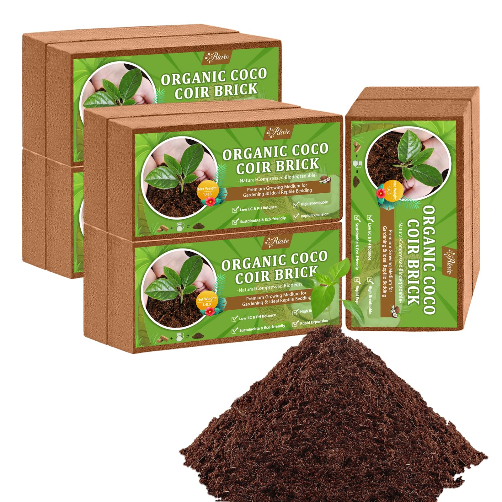 Riare front packaging showing ten coco coir bricks and benefits