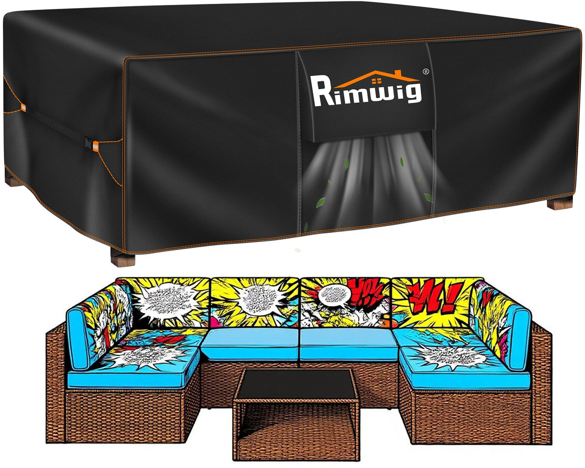 Rimwig front view of cover on rectangular dining set protects from rain