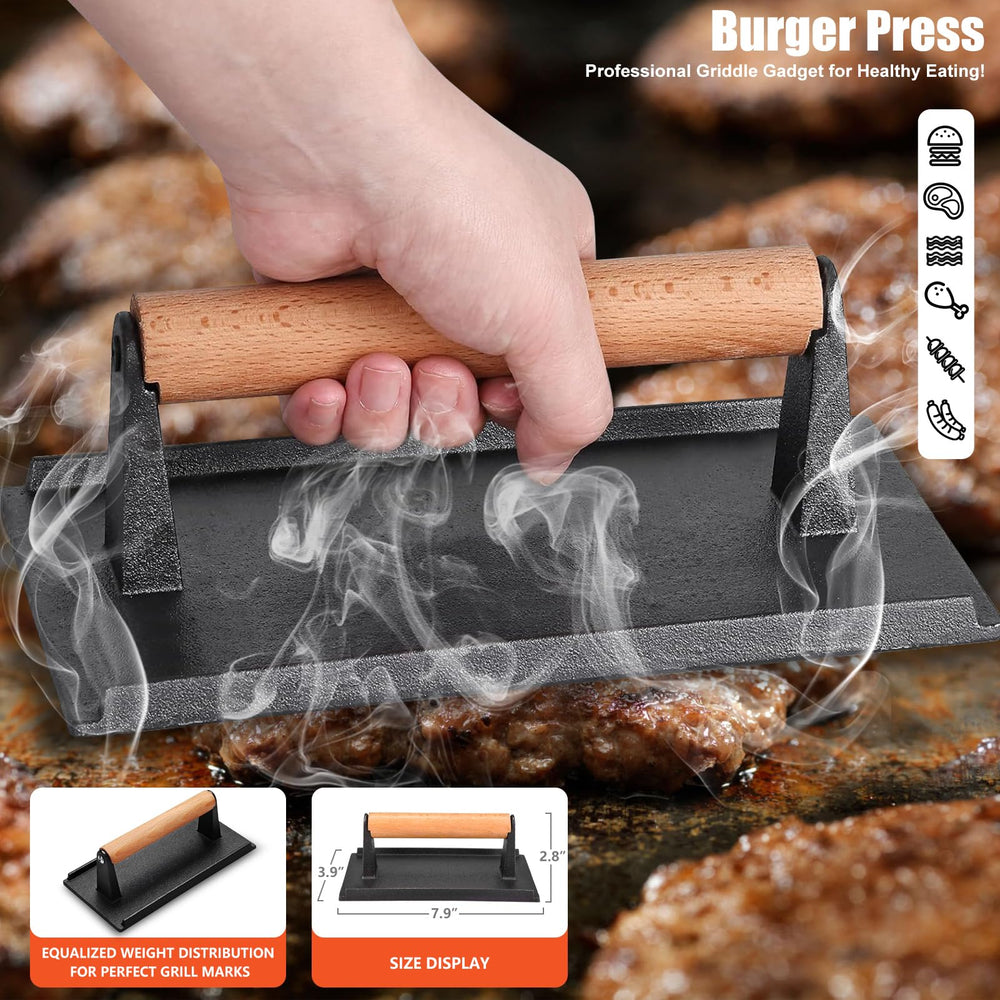 RINPIR griddle tools in use on flat top grill illustrating efficient cooking workflow