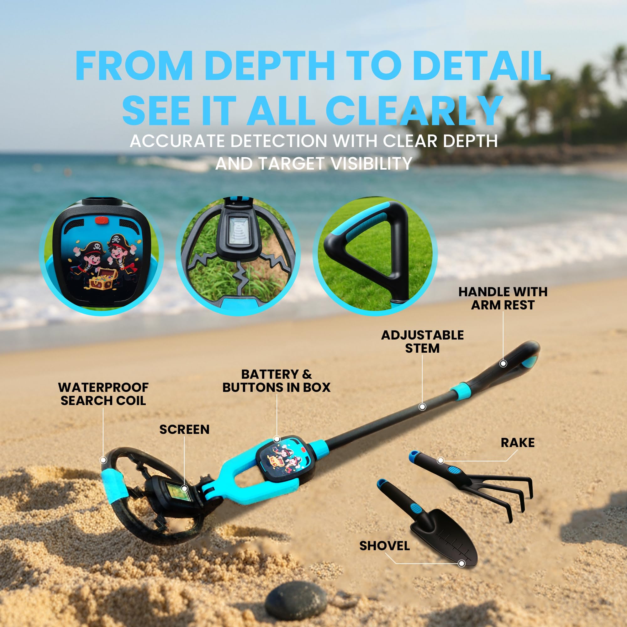 RIPTIC waterproof search coil detail, lets kids search wet sand