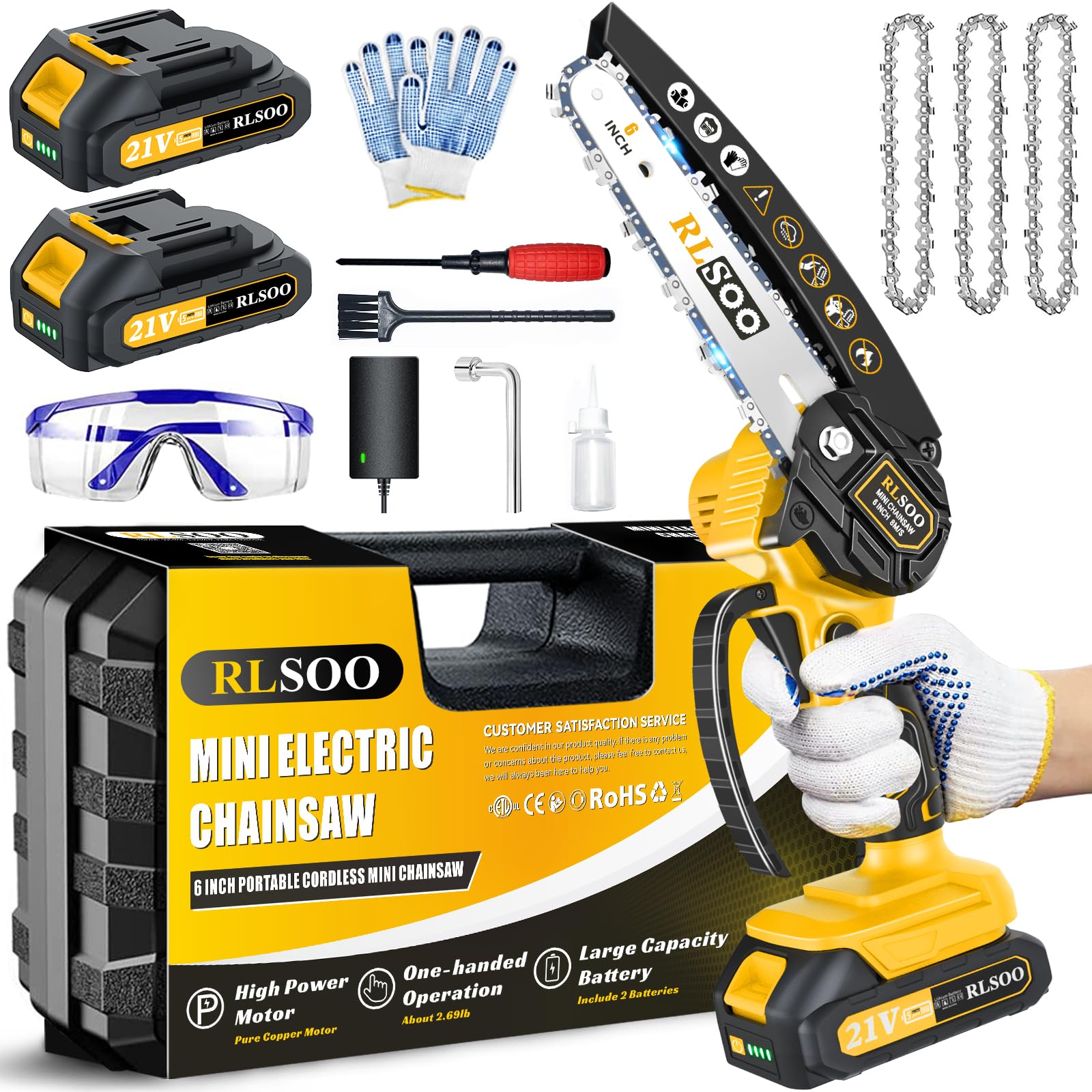RLSOO front view of packaged mini chainsaw showing compact design and portability