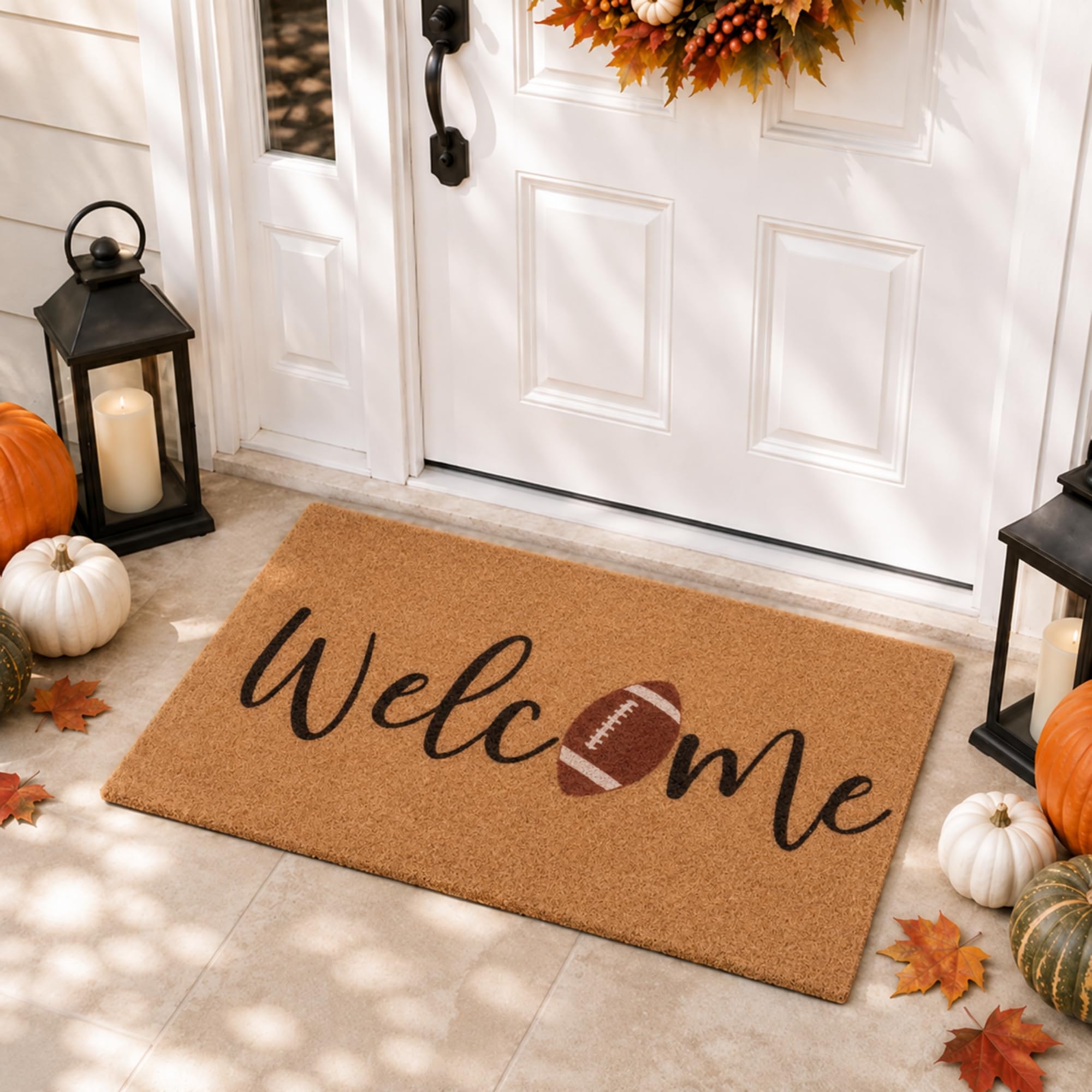 Rmeosye front view of football welcome mat showing overall design and fit