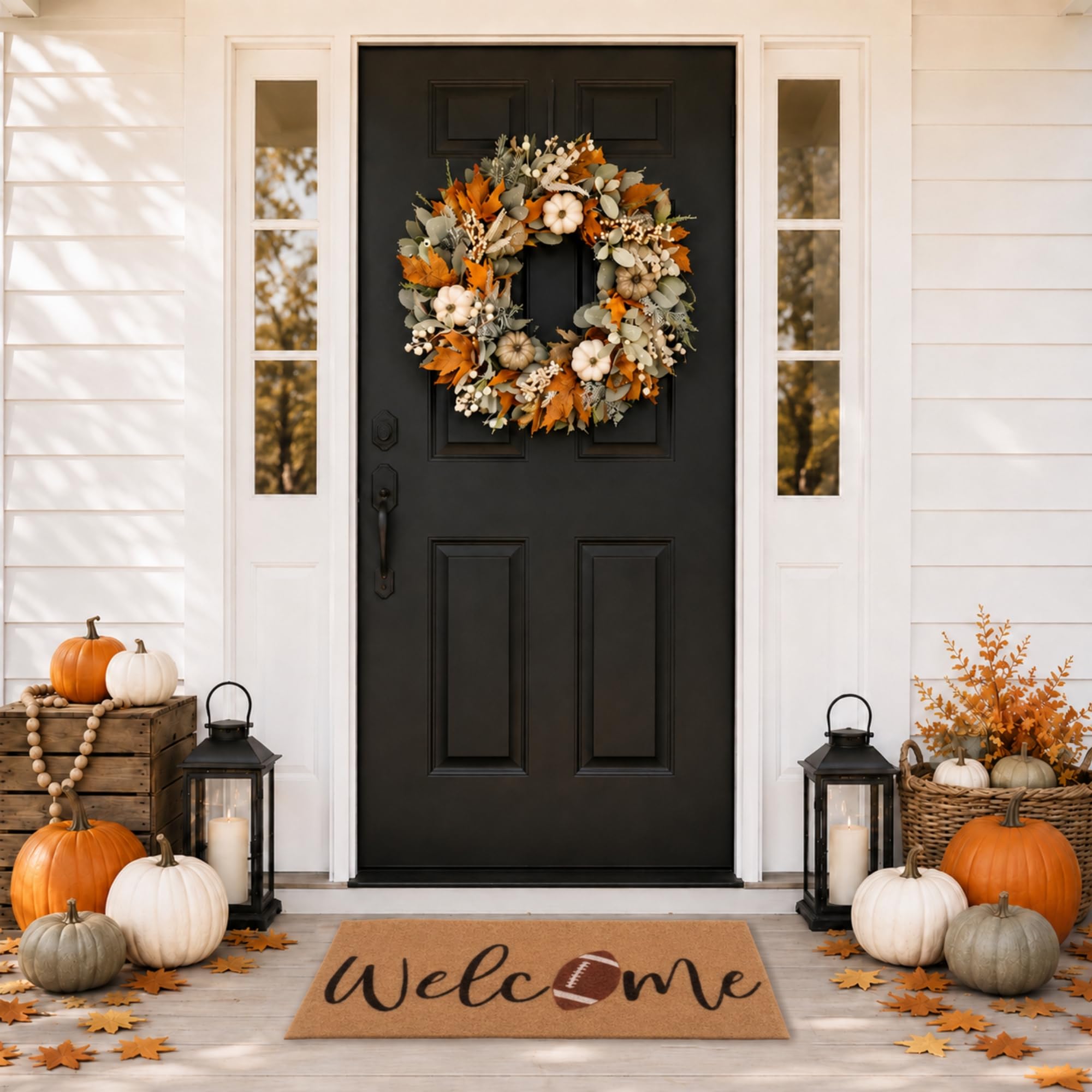 Rmeosye mat on a decorated fall porch creating inviting seasonal curb appeal