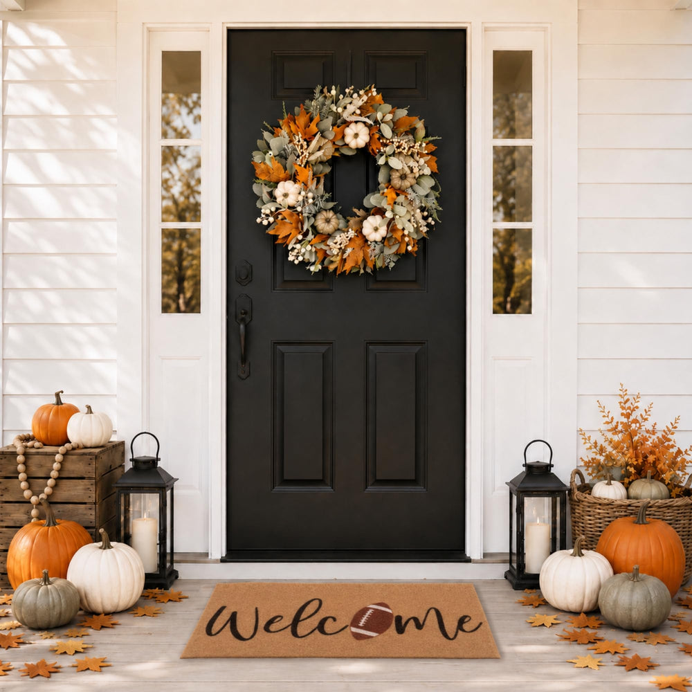 Rmeosye mat on a decorated fall porch creating inviting seasonal curb appeal