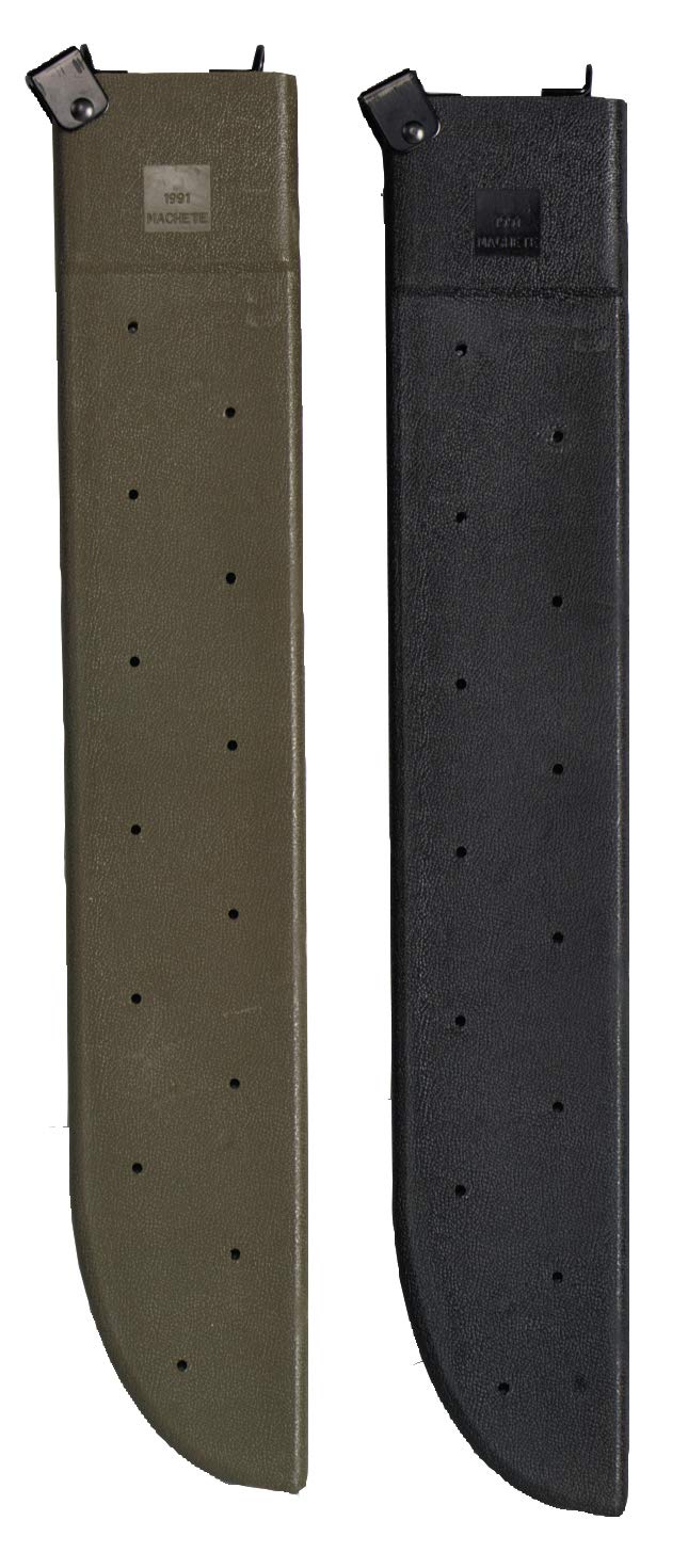 Rothco olive drab plastic machete sheath front view showing clip and protection