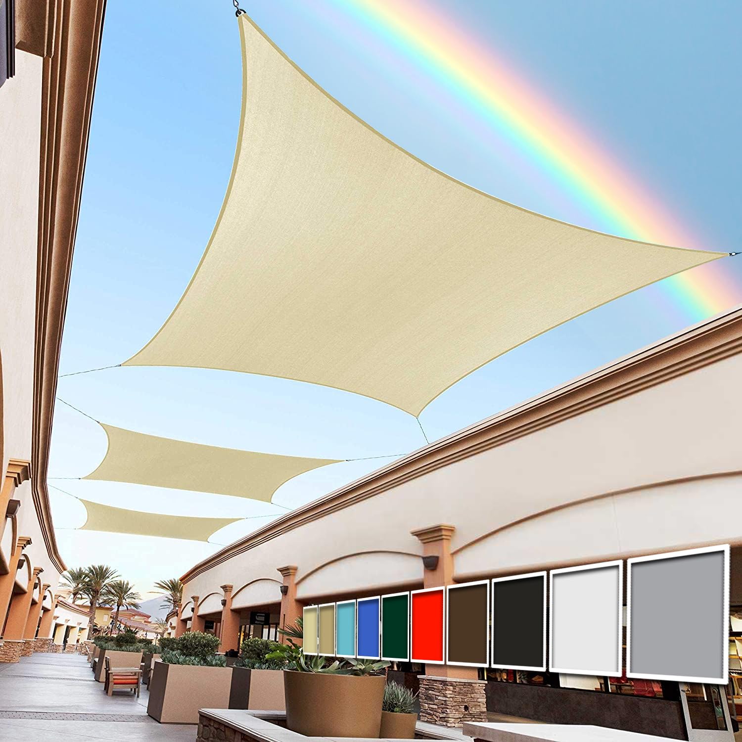 Royal Shade front view of beige rectangle sail providing even shaded area