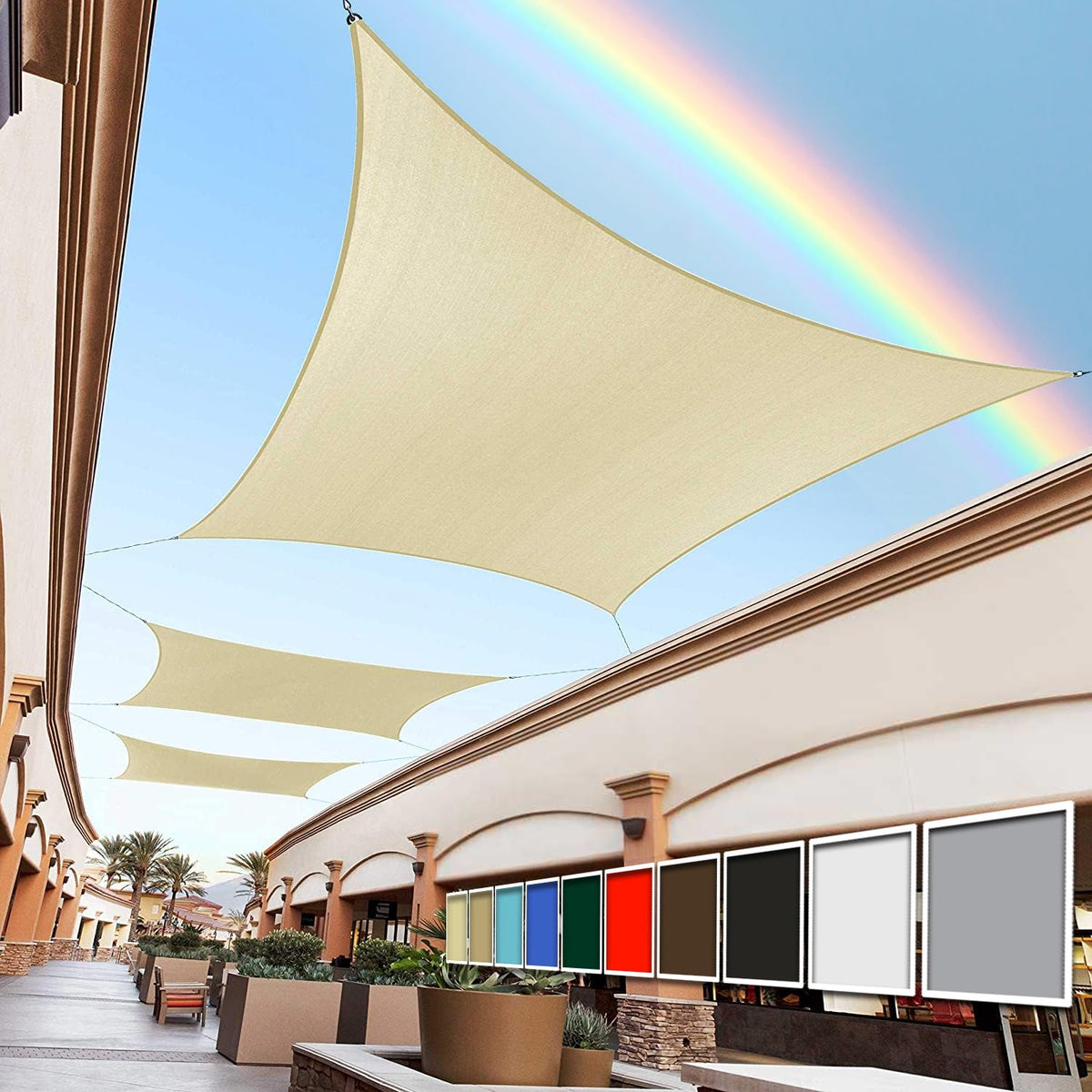 Royal Shade front view of beige rectangle sail providing even shaded area