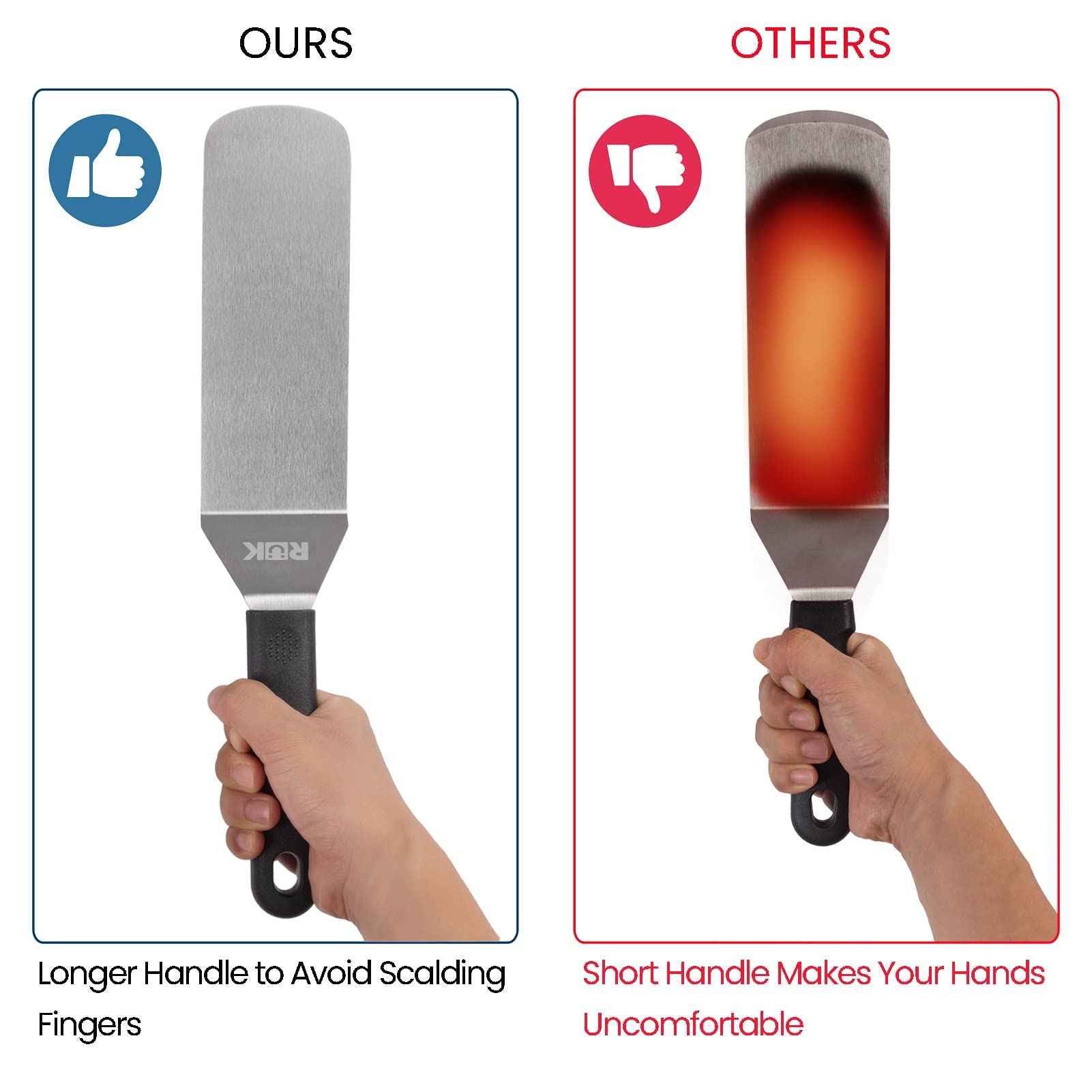 RüK long-handle metal spatula detail demonstrating safer reach