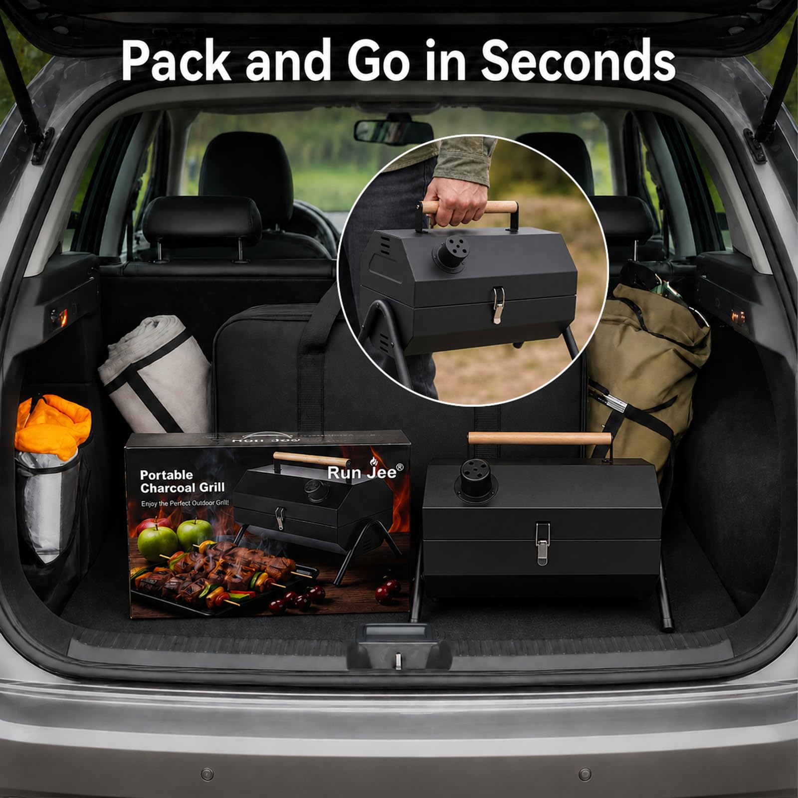 Run Jee next to backpack for scale showing lightweight travel-ready convenience