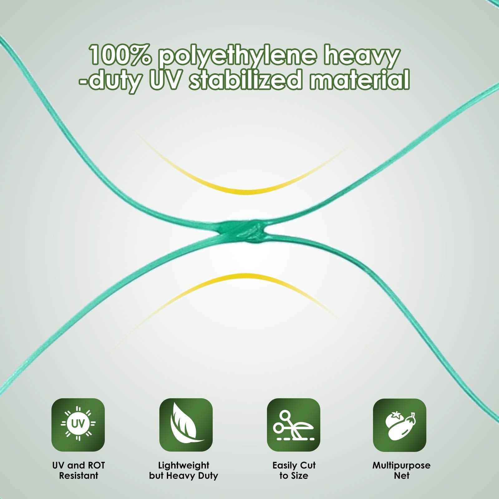 Ruolan netting next to yard tools showing 13x20ft scale and coverage