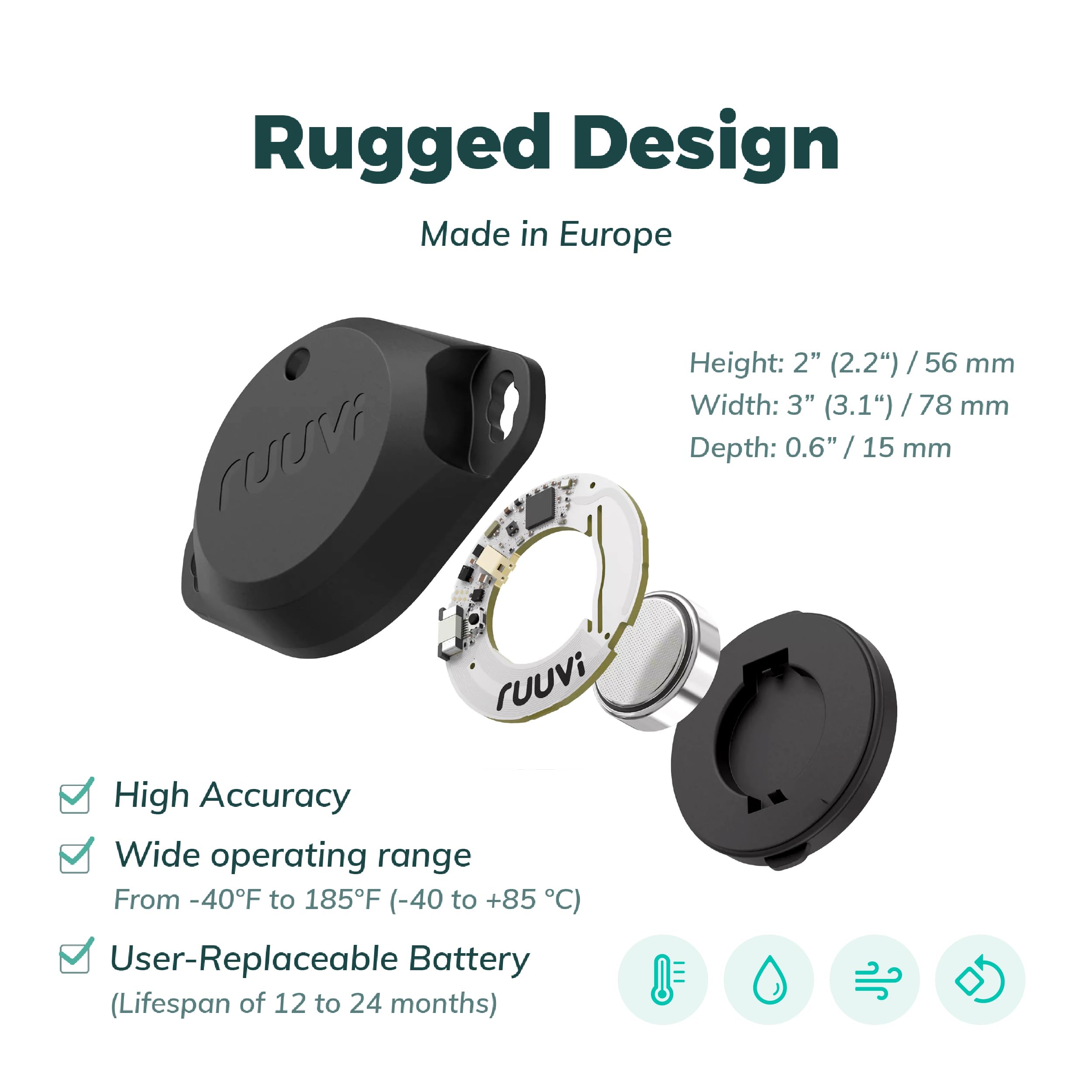 RuuviTag Pro side mounted on bracket demonstrating secure installation benefit