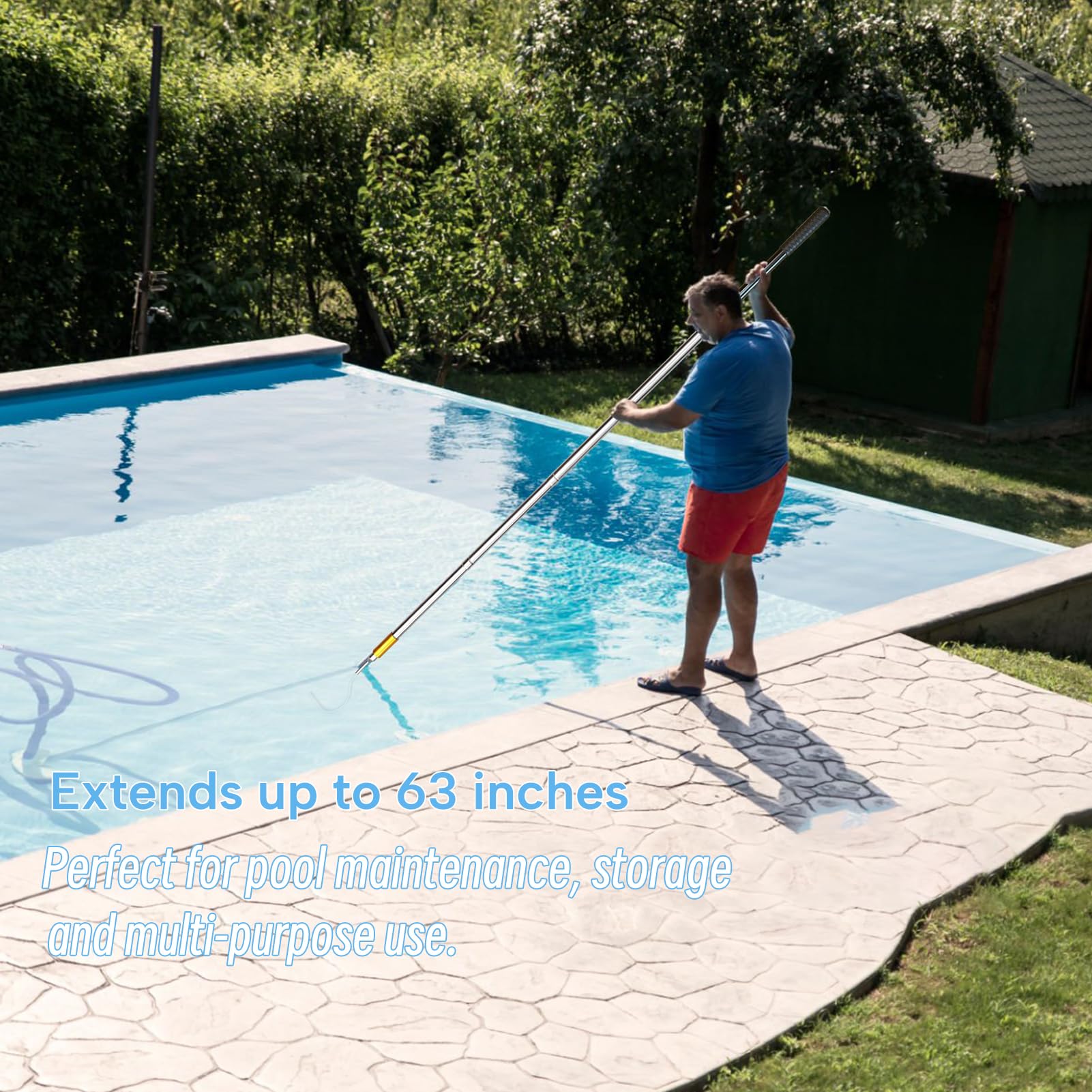 Sadoia poolside scene of user retrieving toy for safer maintenance