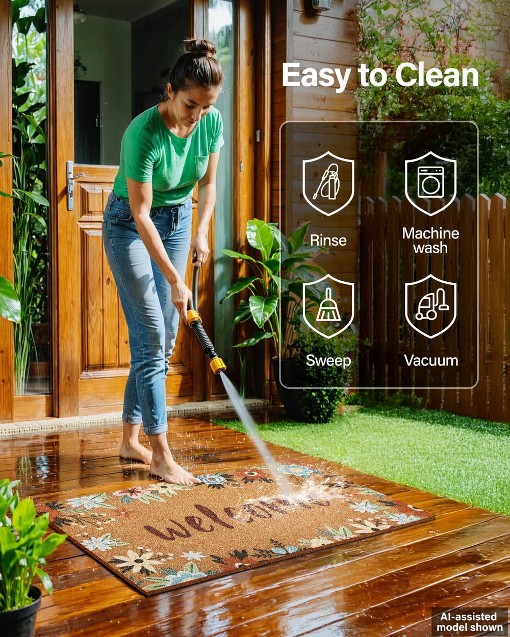 SAKSUN being hosed off illustrating easy outdoor cleaning