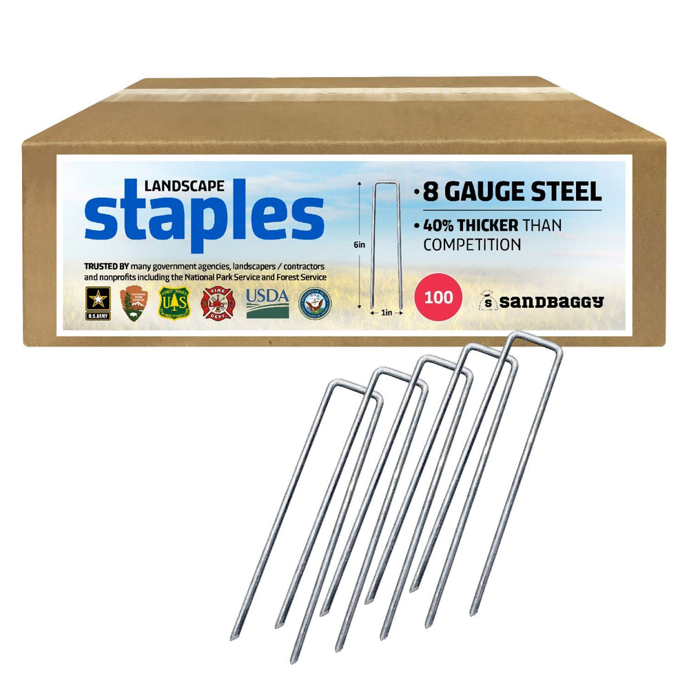 Sandbaggy front package of 100 staples showing count and heavy-duty benefit
