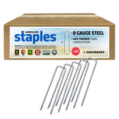 Sandbaggy front package of 100 staples showing count and heavy-duty benefit