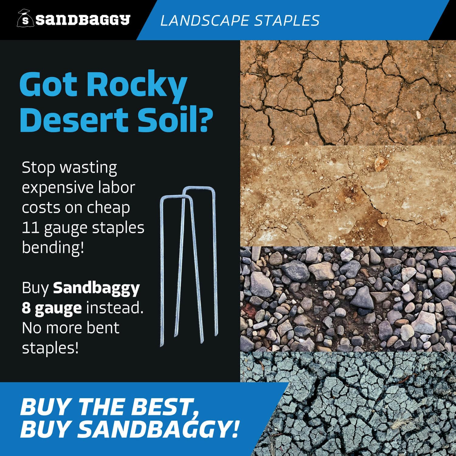 Sandbaggy staple securing landscape fabric and preventing lift from wind