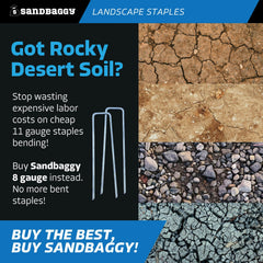 Sandbaggy staple securing landscape fabric and preventing lift from wind