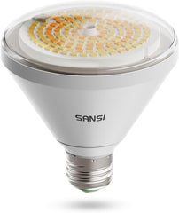 SANSI BR30 front view showing full-spectrum LEDs and plant benefits