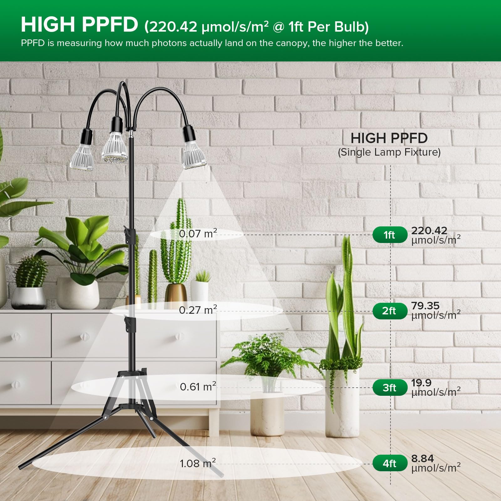 SANSI height adjustment scale illustrating 35–64 inch flexibility for plants
