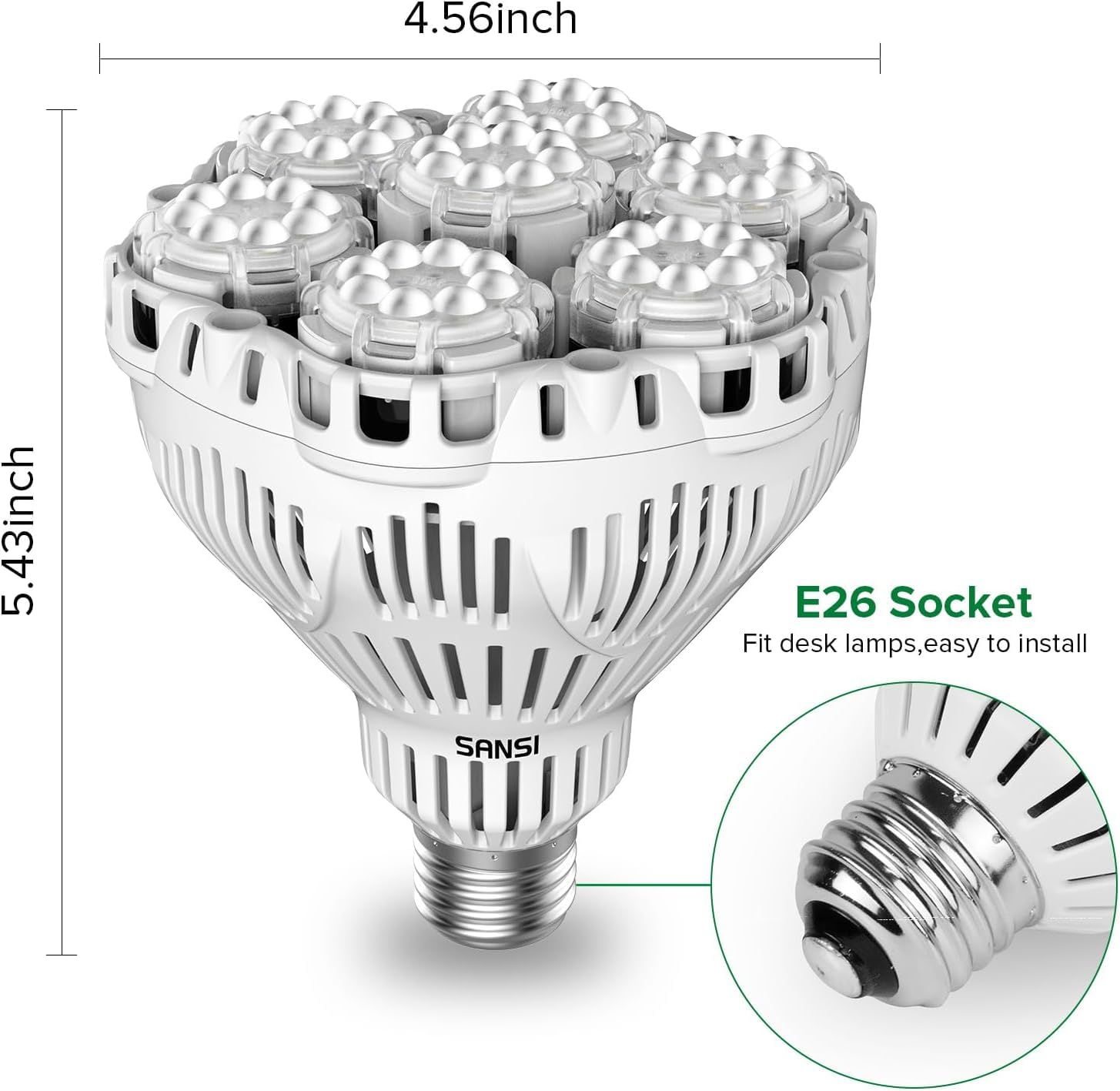 SANSI bulb beside a hand for scale, compact energy-saving design