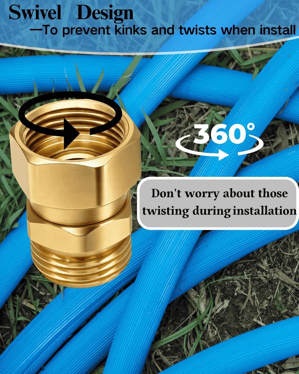 SARANICE adapter attached to garden hose in use preventing twists and kinks