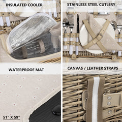 SatisInside porcelain plates and stainless flatware neatly arranged showing durable picnic tableware