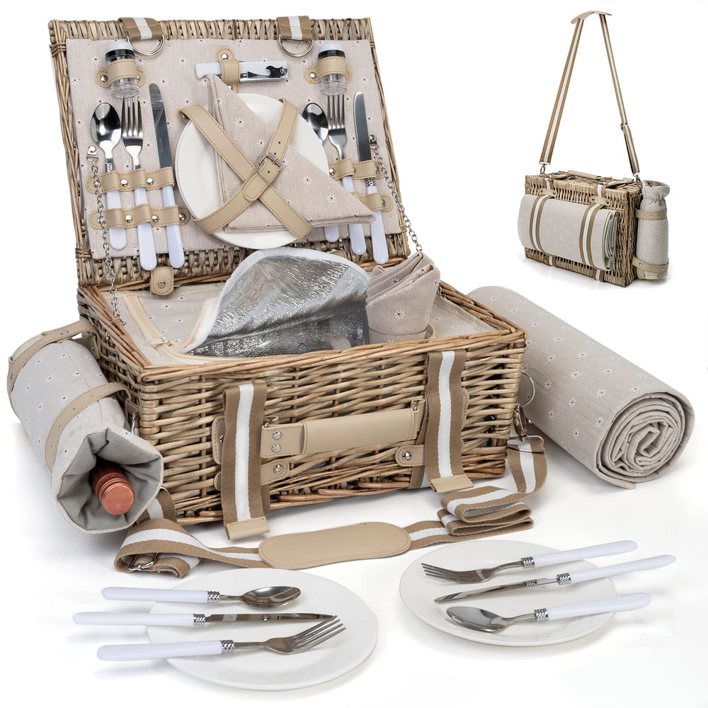 SatisInside wicker picnic basket front view showing suitcase style and strap for easy carry