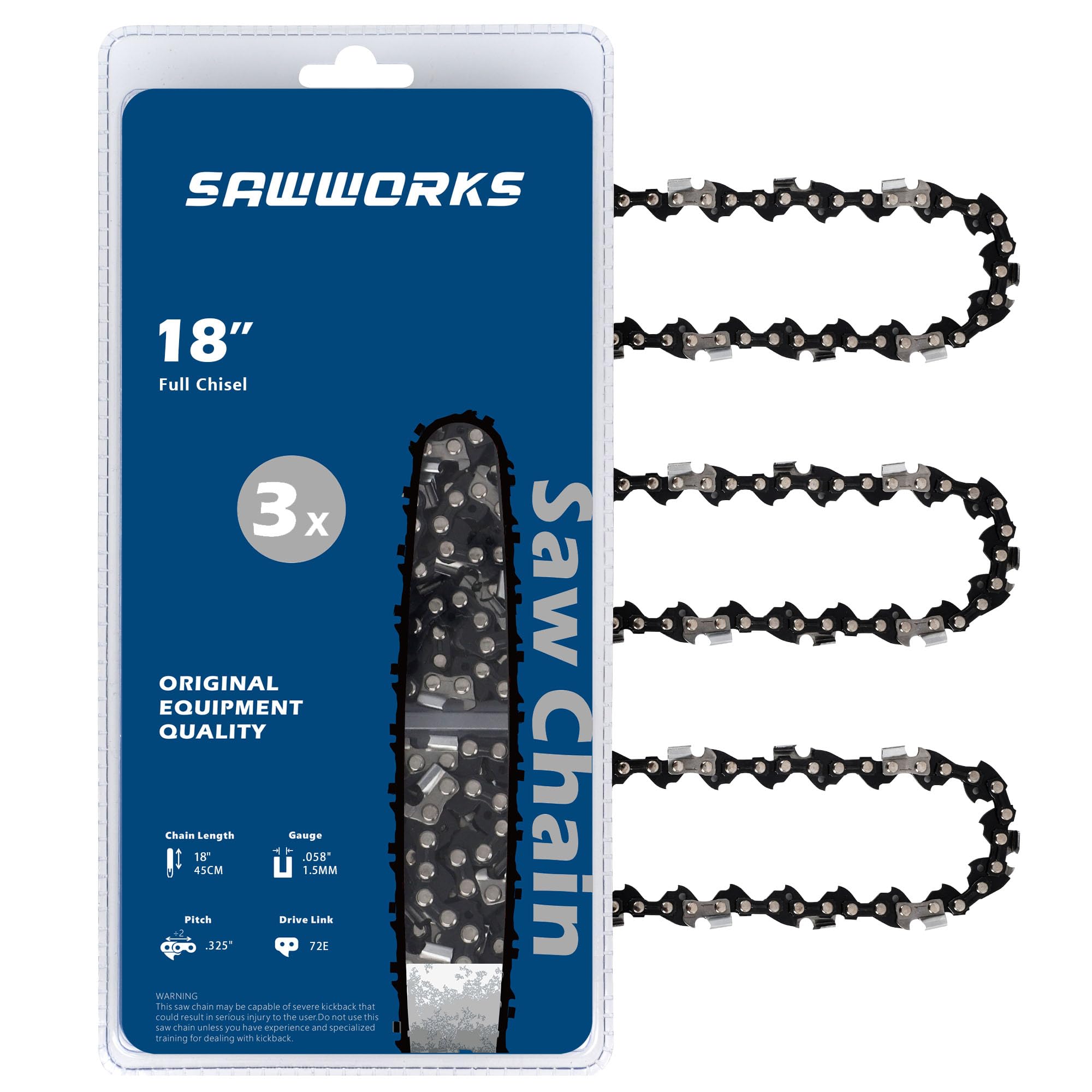 SawWorks 18 inch chain front view showing full-chisel cutters and benefits of fast cutting