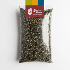 Schoen Farms close-up of striped sunflower kernel, nutrient-rich