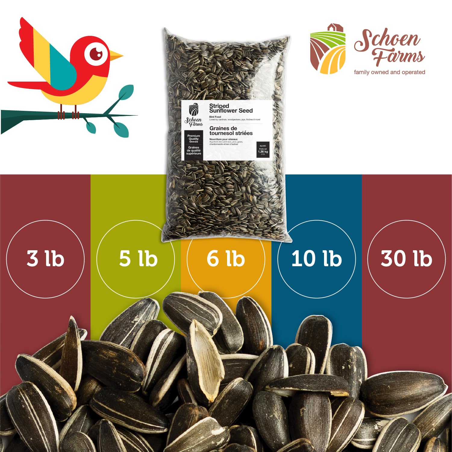 Schoen Farms seeds filling a backyard feeder attracting songbirds