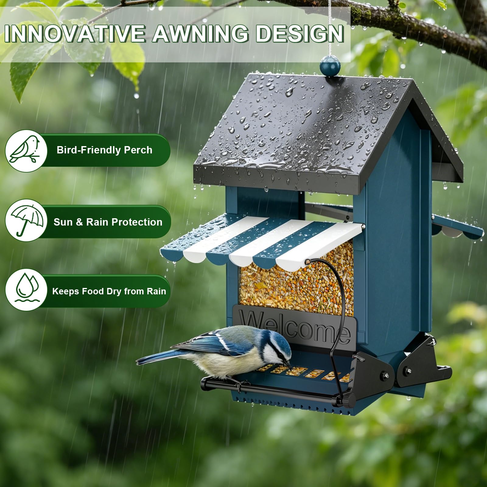 ScinDa feeder awning diverting rain to keep seed dry and fresh