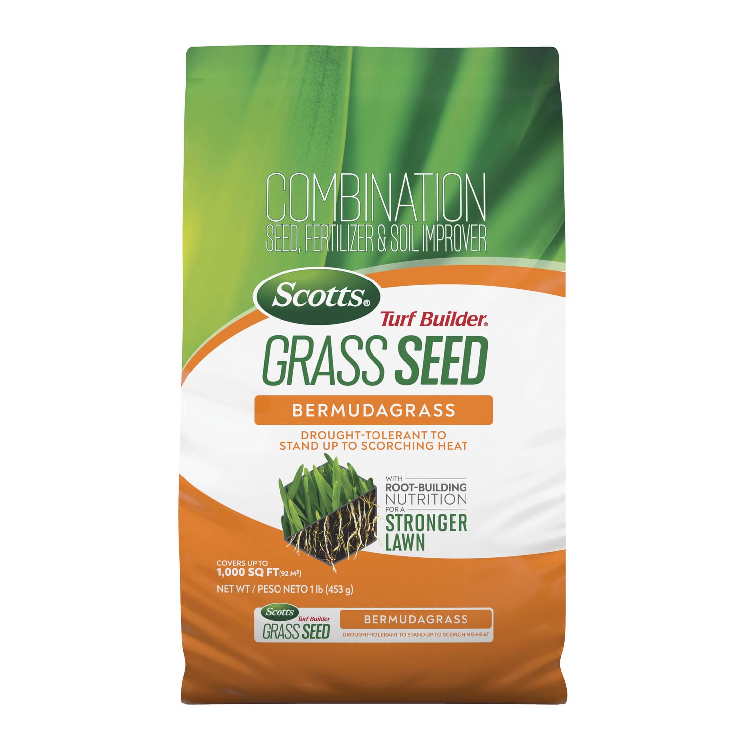 Scotts bermudagrass front packaging showing product benefit of durability