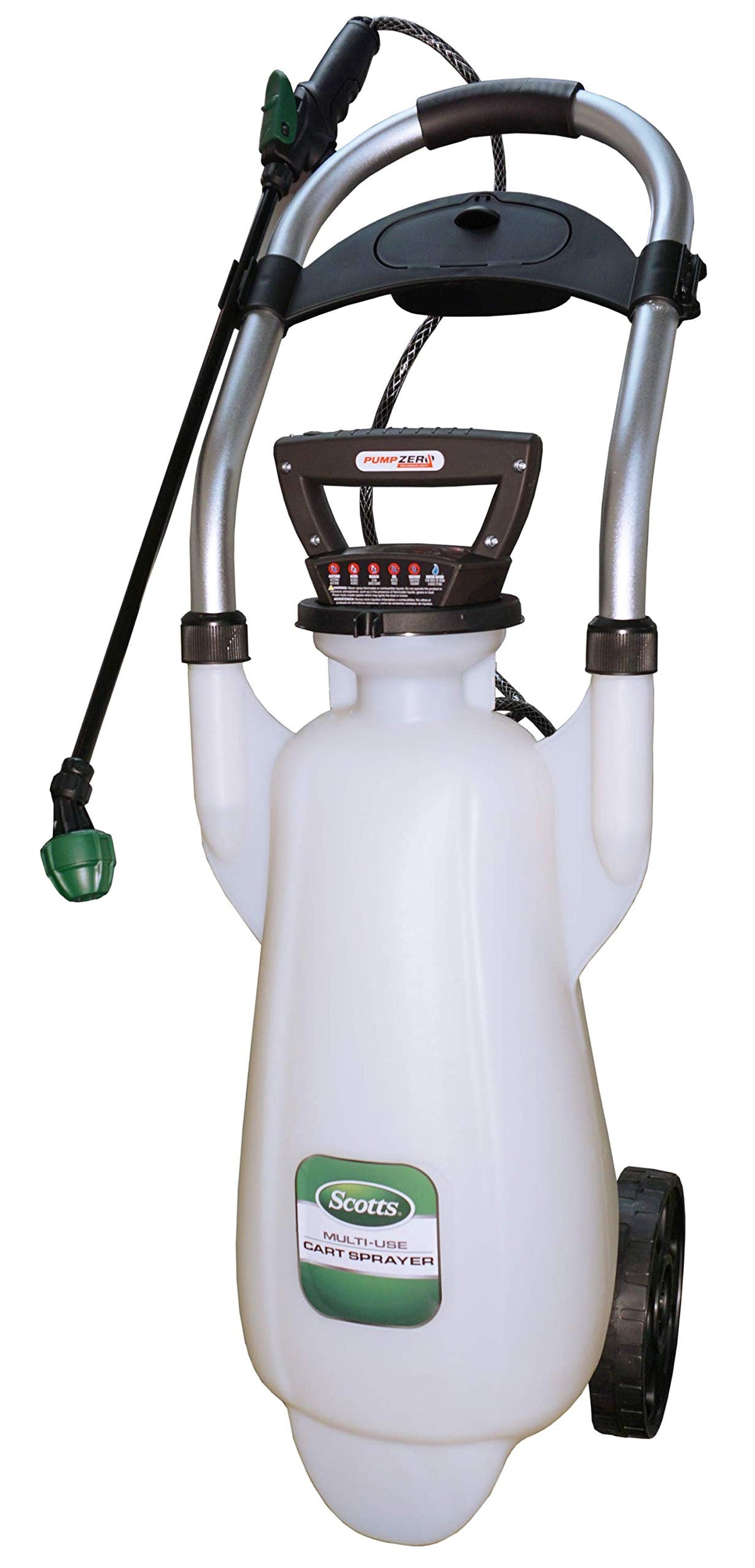 Scotts cart sprayer front view showing tank and wheels for easy transport
