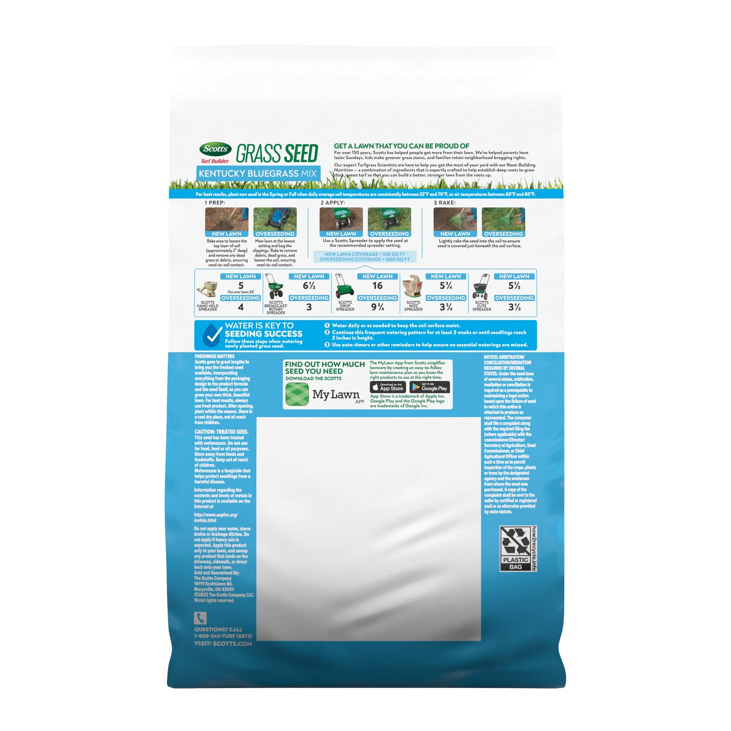 Product label close-up with Scotts directions and spreader settings