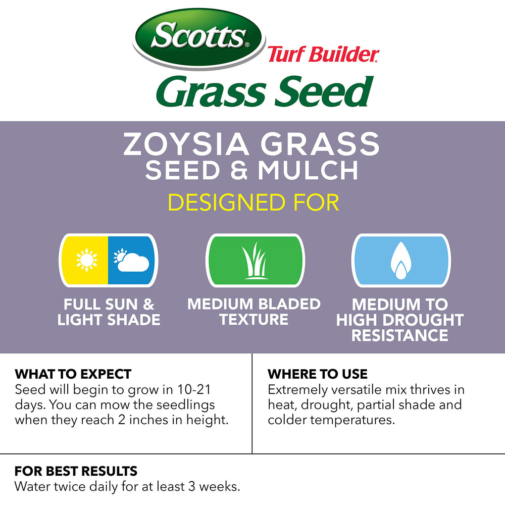 Scotts close-up of zoysia seed and mulch texture retaining moisture