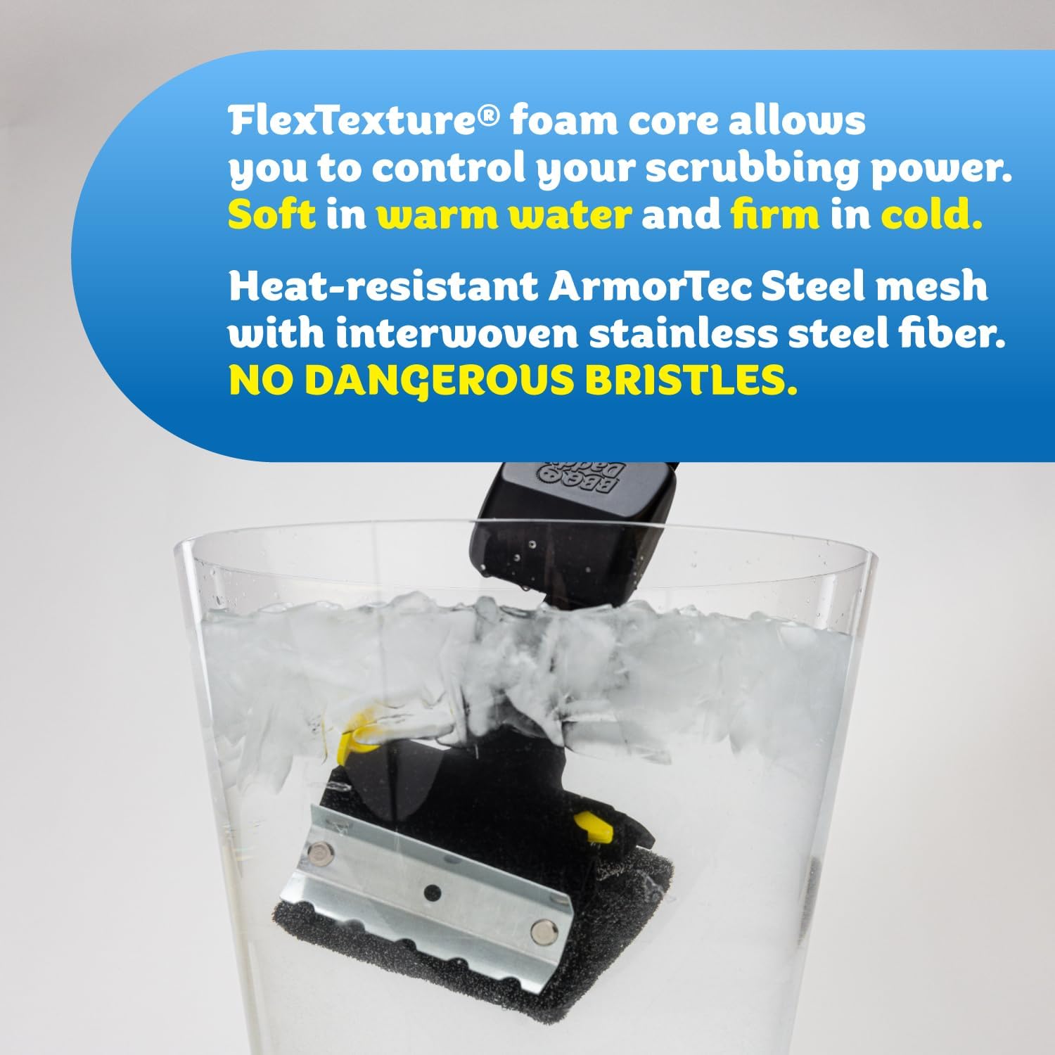 Scrub Daddy ArmorTec mesh detail showing heat-resistant stainless-steel fibers and durability