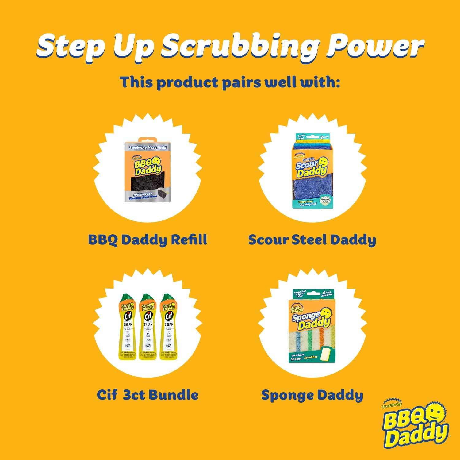 Scrub Daddy brush in use on a hot grill showing steam-activated cleaning effectiveness