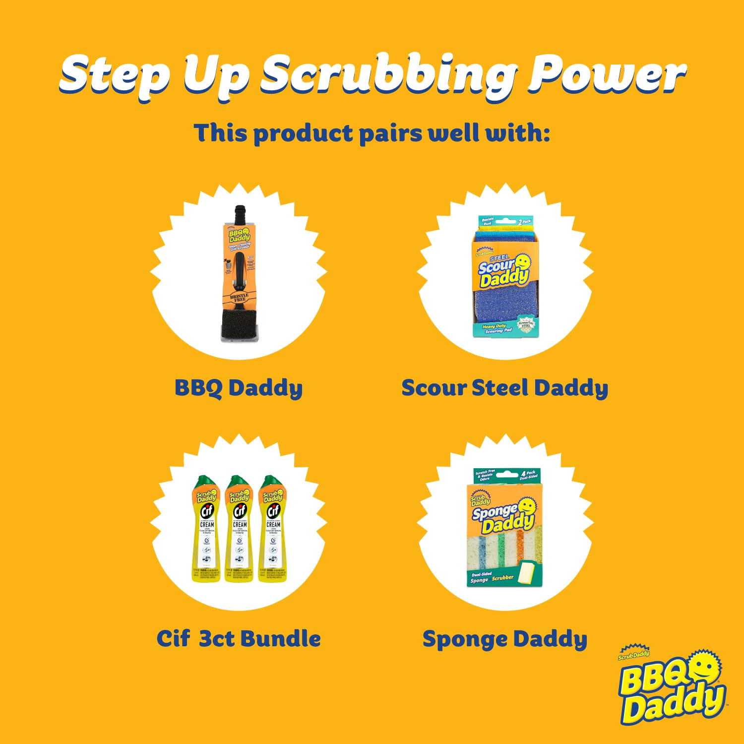 Scrub Daddy refill attached to brush in backyard grill setting for quick post-cook cleanup
