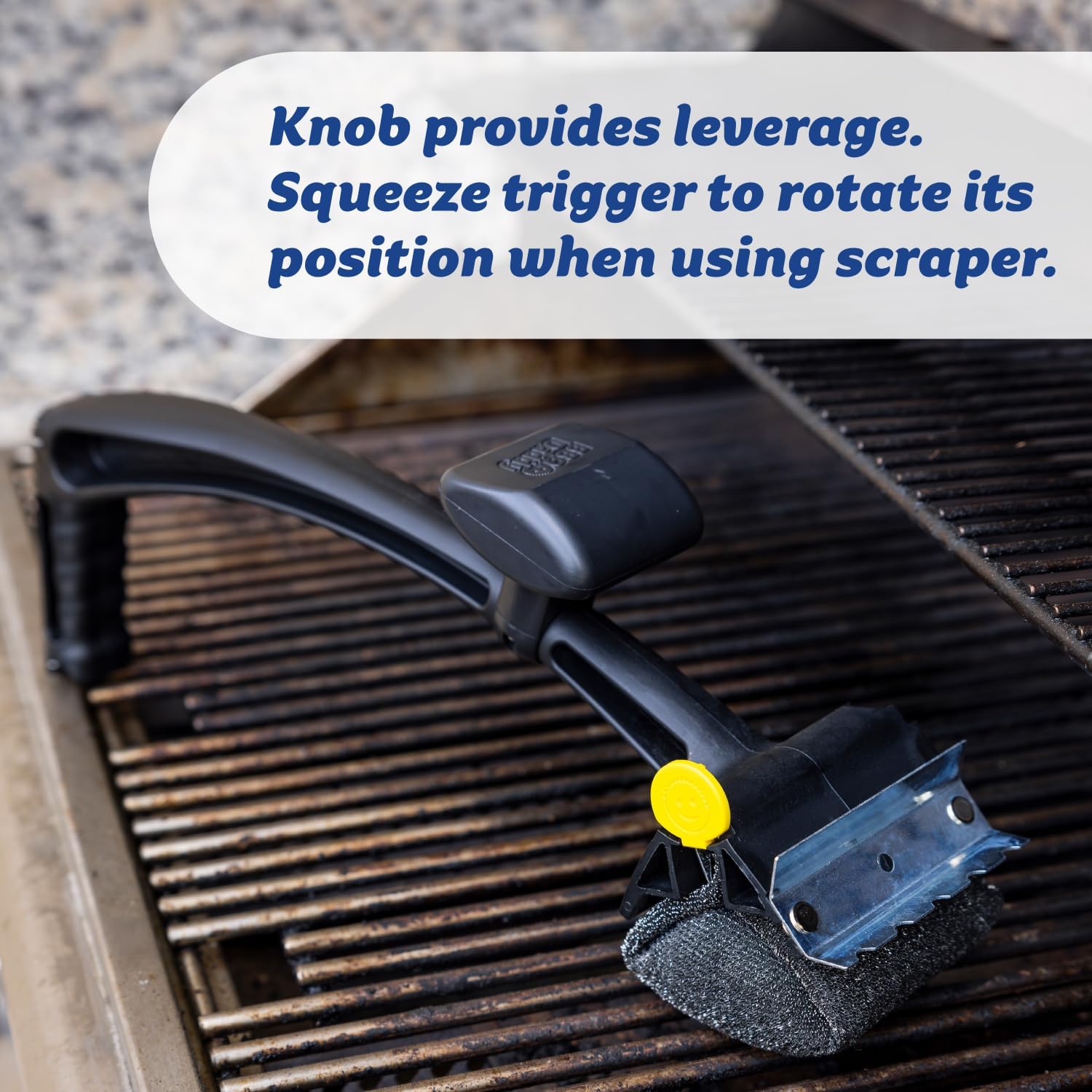 Scrub Daddy scraper between grill grates removing char for safer, thorough cleaning