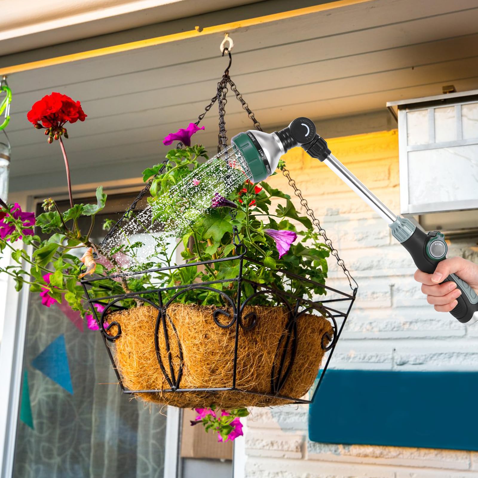 Seatern wand in use watering a hanging basket for gentle, targeted watering benefit