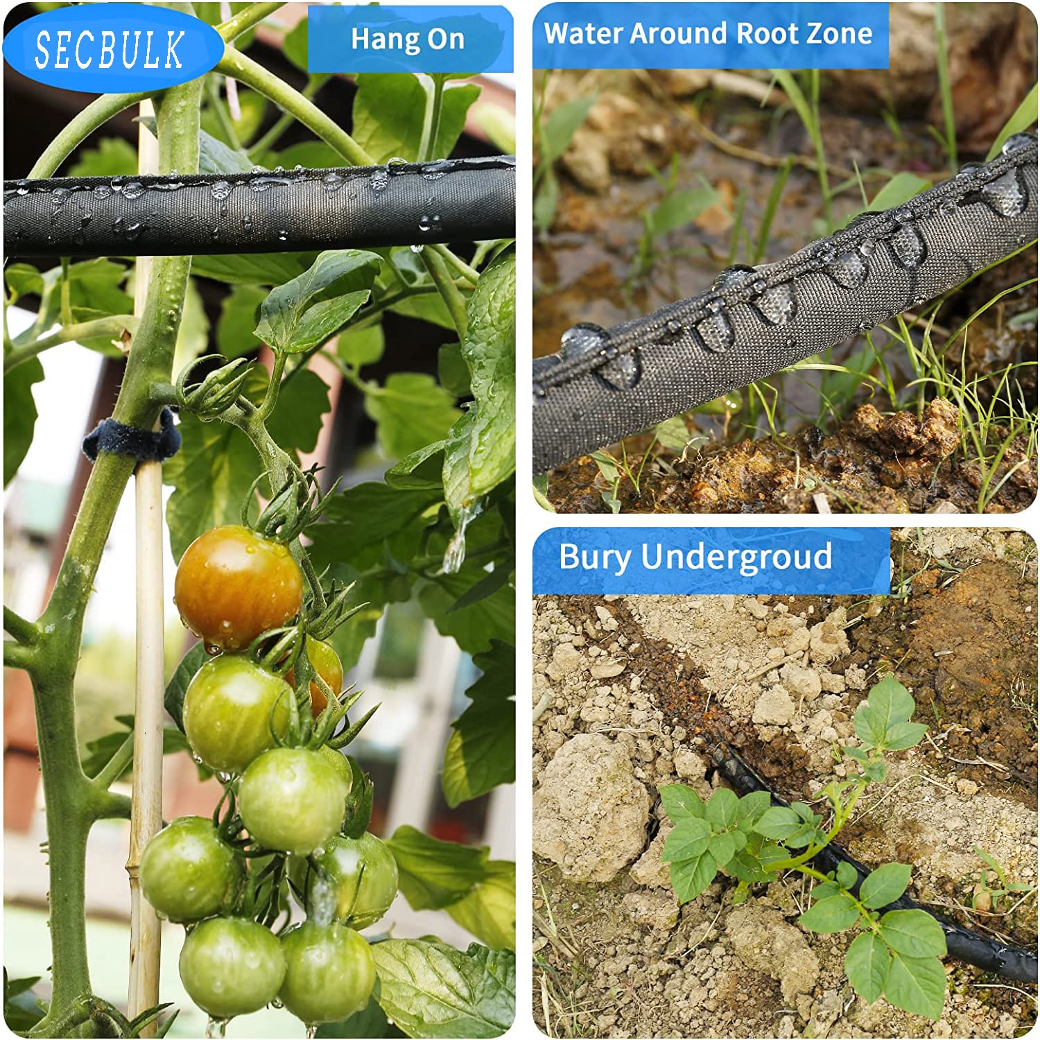 Secbulk flat hose tucked under mulch illustrating low-profile concealment benefit