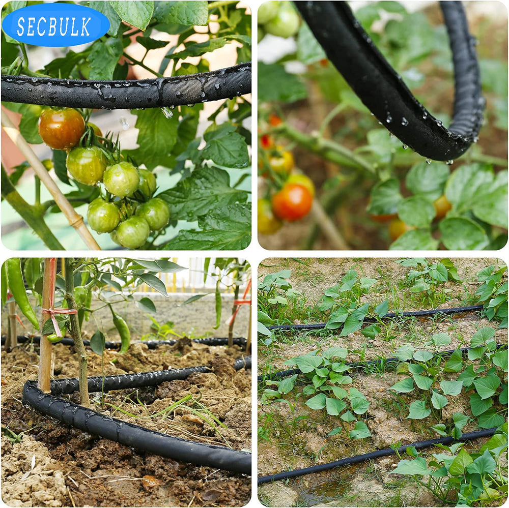 Secbulk soaker hose beside hand and ruler showing scale and length planning benefit