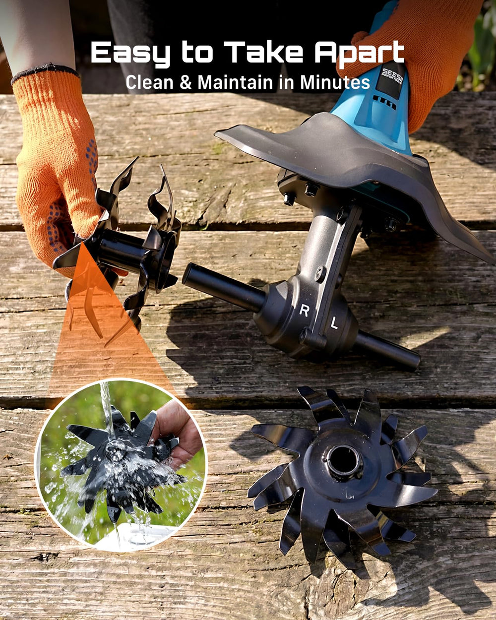 Seesii detachable tine assembly being rinsed to show simple cleaning and low maintenance