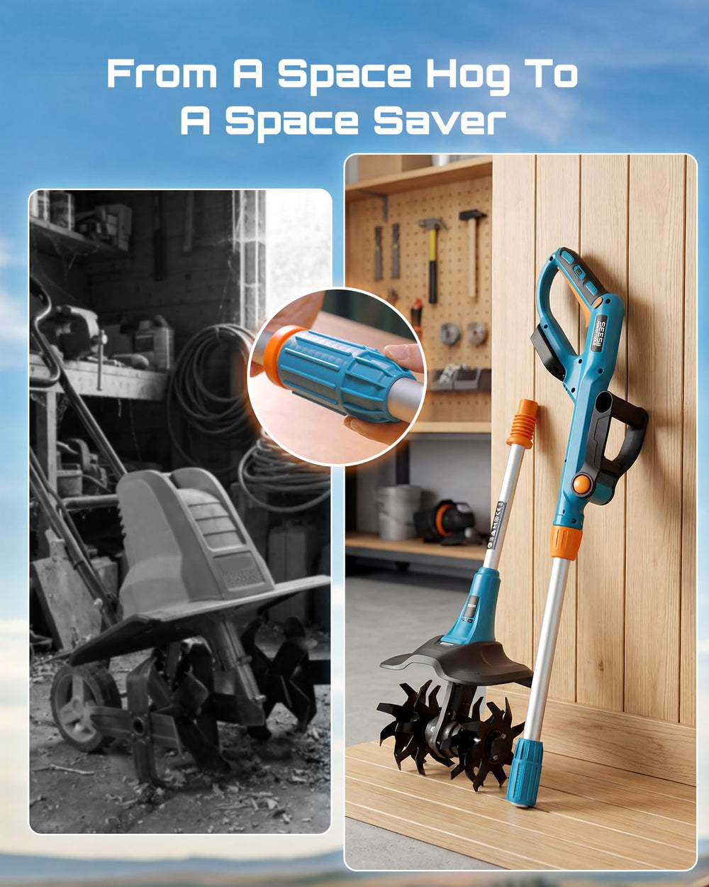 Seesii lifestyle shot in a backyard garden showing quiet cordless operation for family use