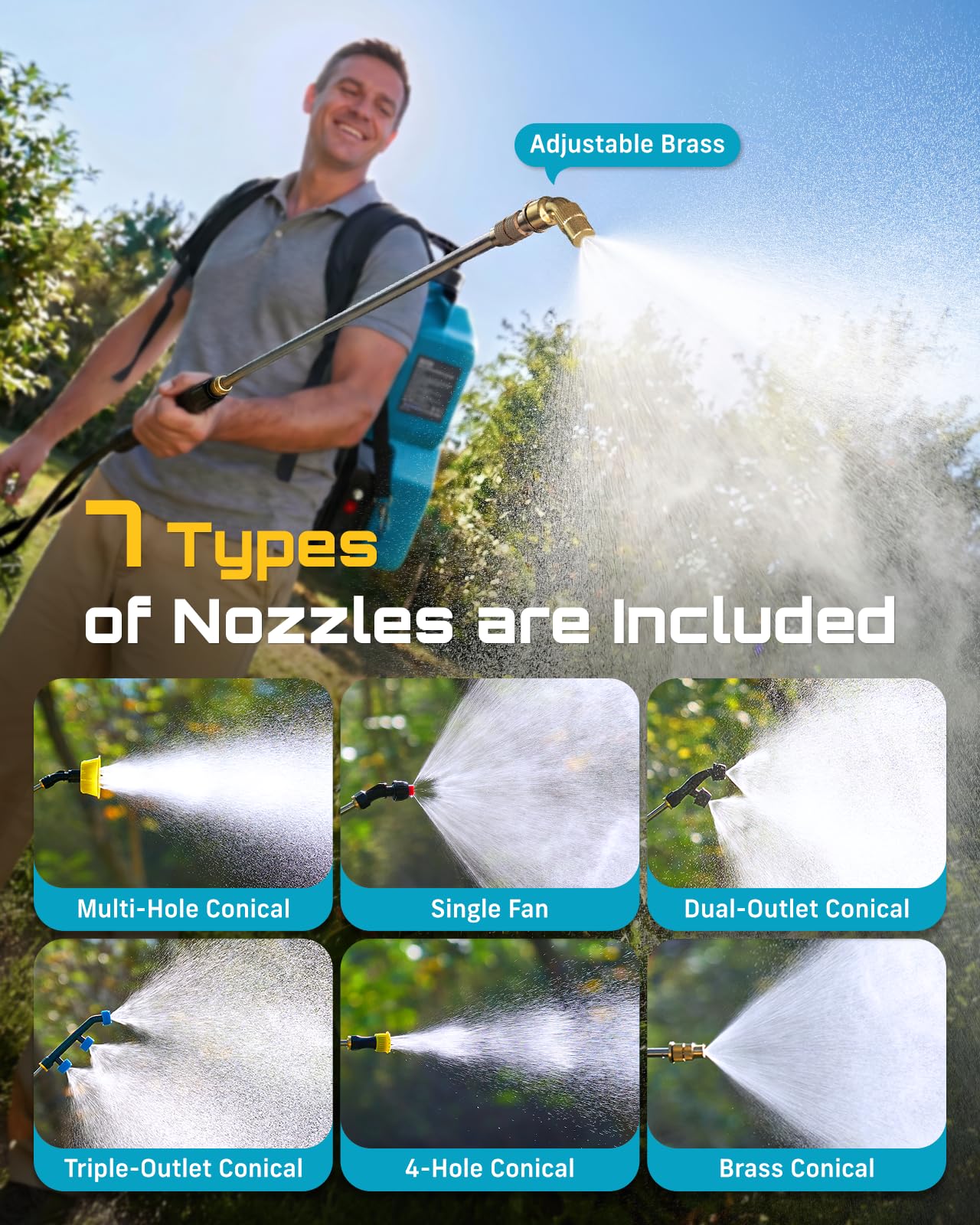 SEESII seven interchangeable nozzles laid out for versatile spray patterns and tasks