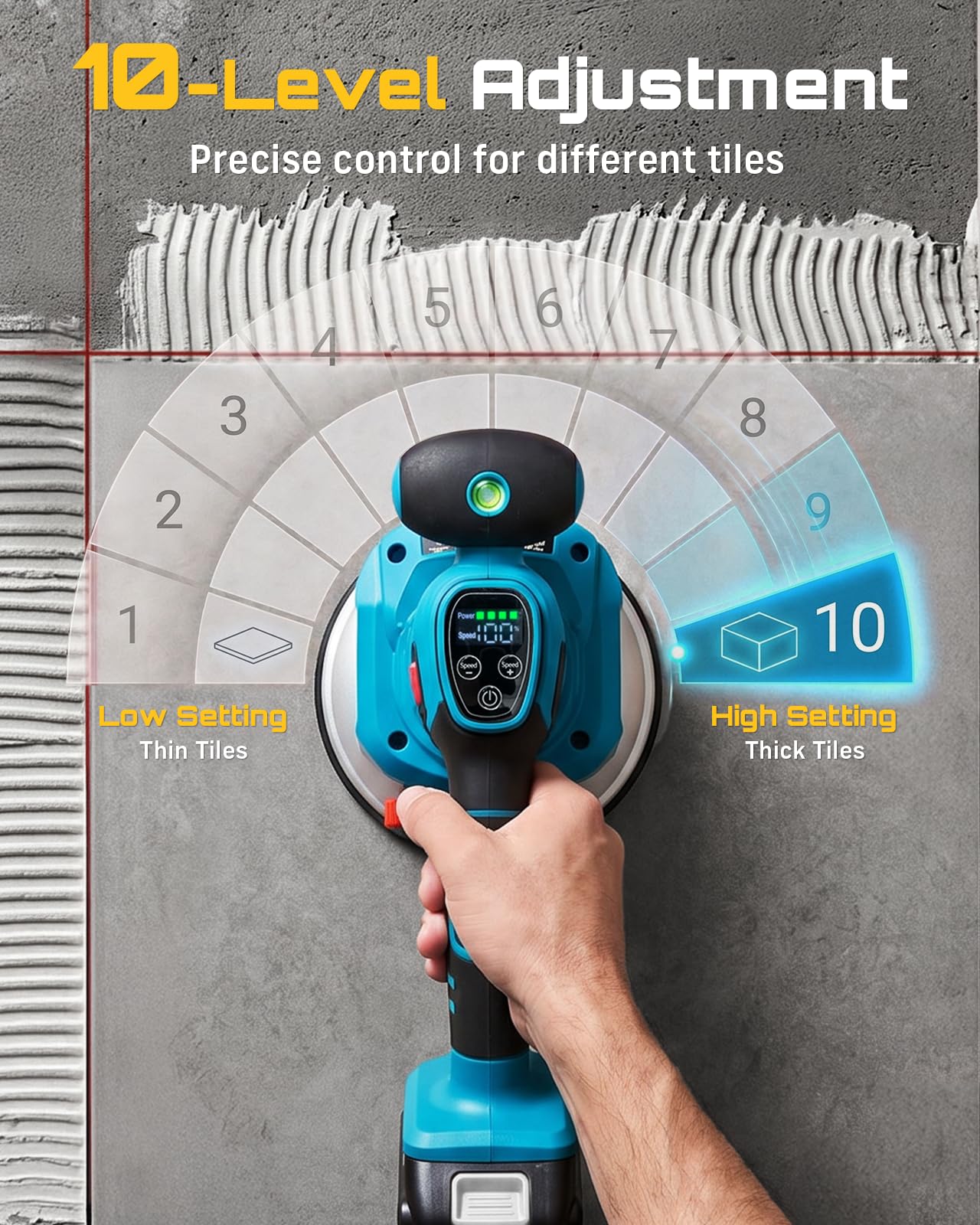 Seesii tool in use on floor tiles illustrating faster adhesive settling and alignment