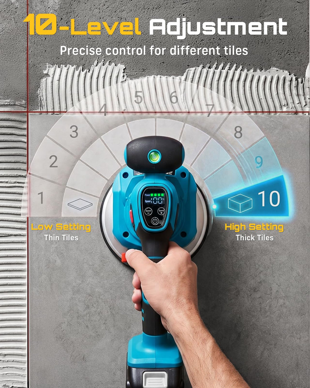 Seesii tool in use on floor tiles illustrating faster adhesive settling and alignment