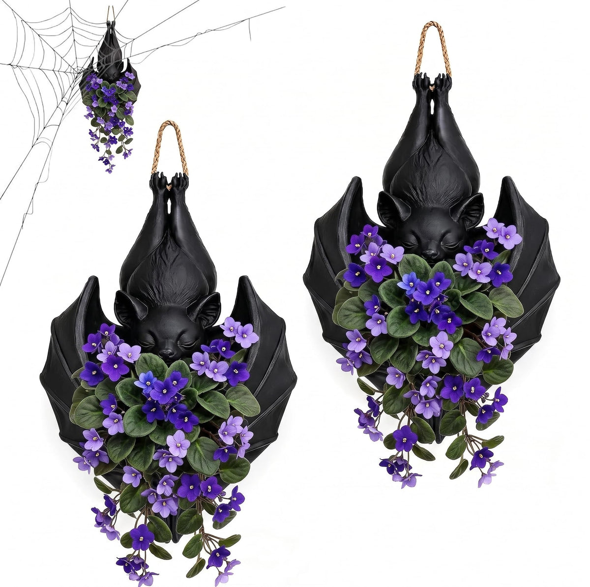 SHATGYI front view of black hanging bat planter showcasing Gothic styling and plant display benefits