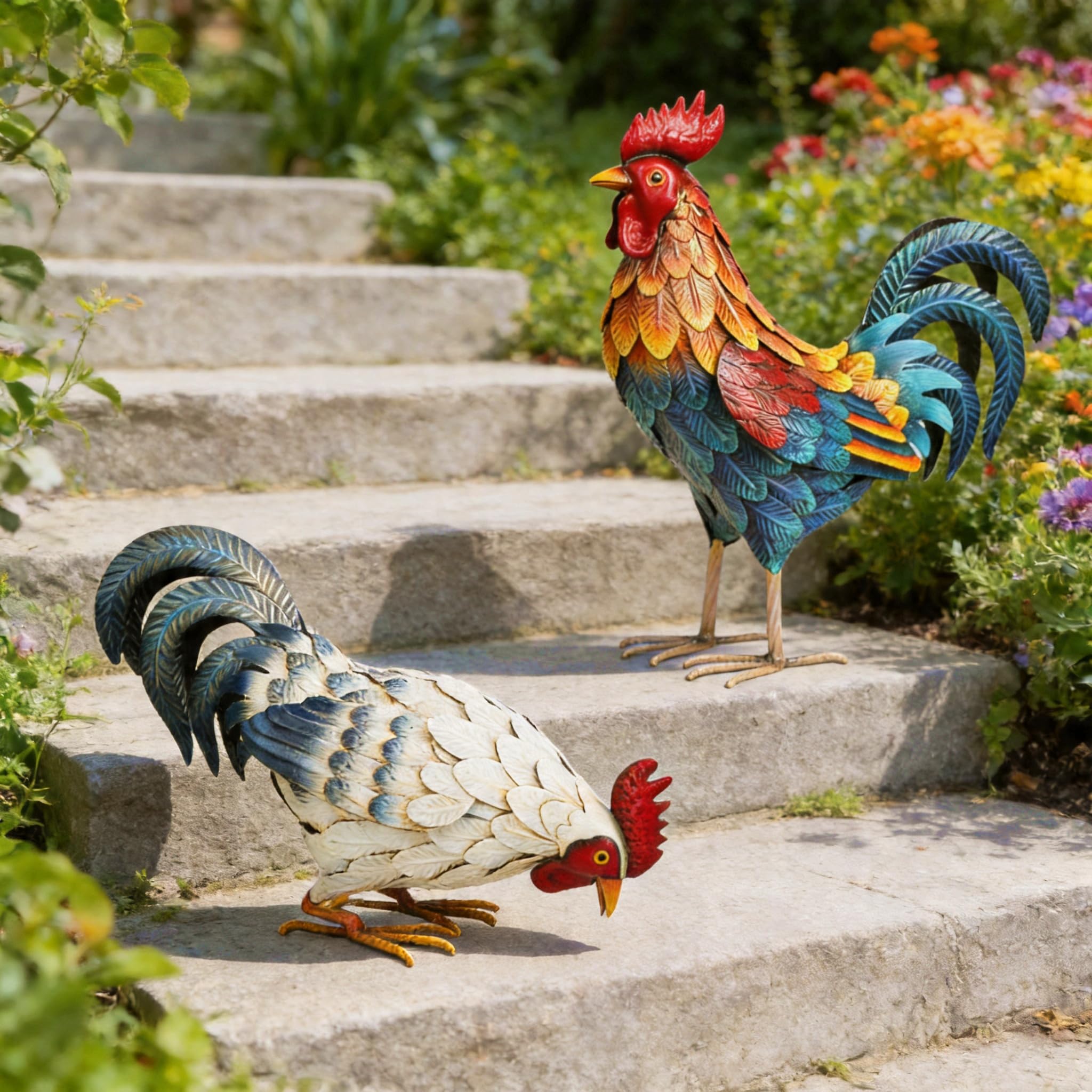 Shorayn styling of two roosters together adding layered yard interest