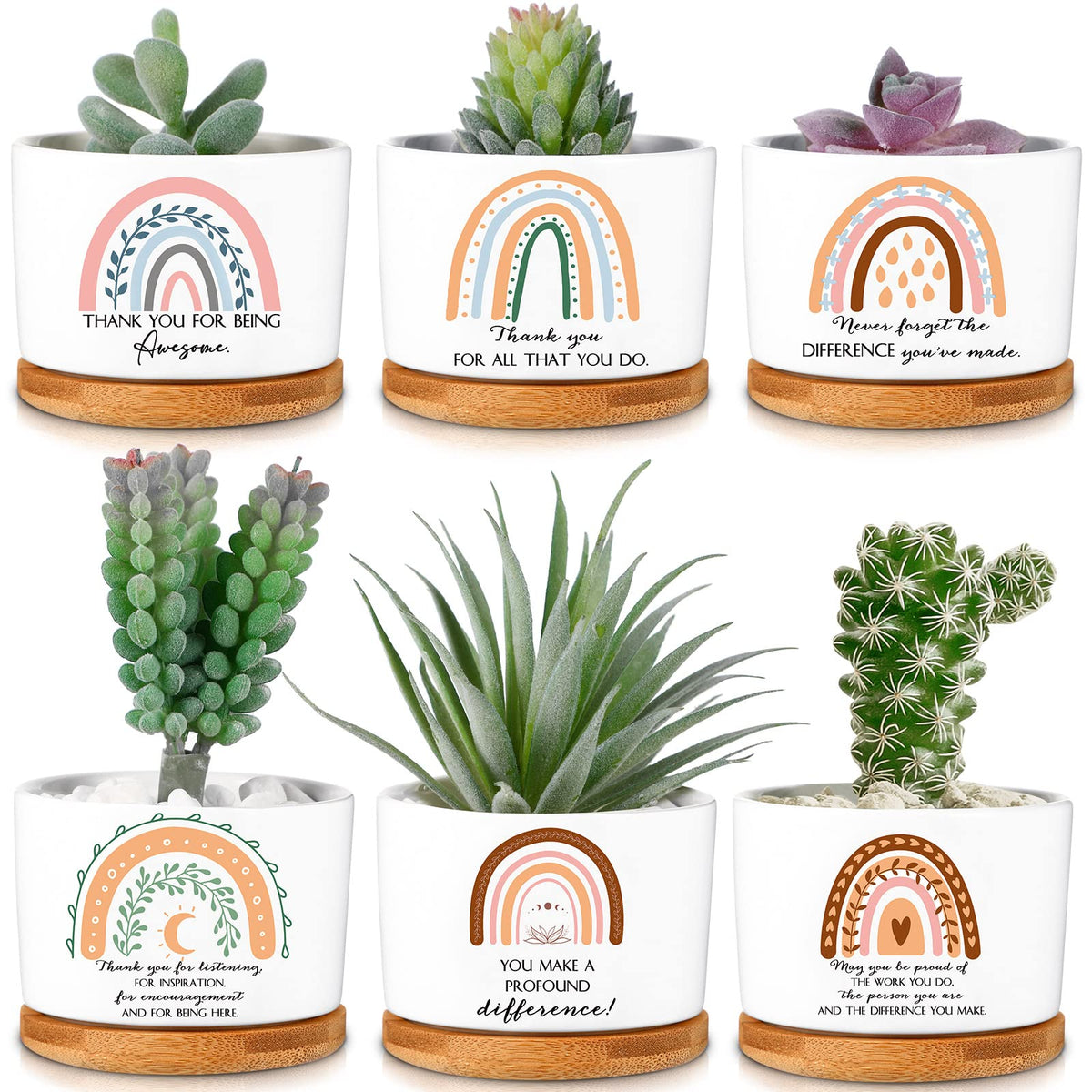 Sieral ceramic pot set front view showing rainbow thank you design and six pots - ideal bulk gifting